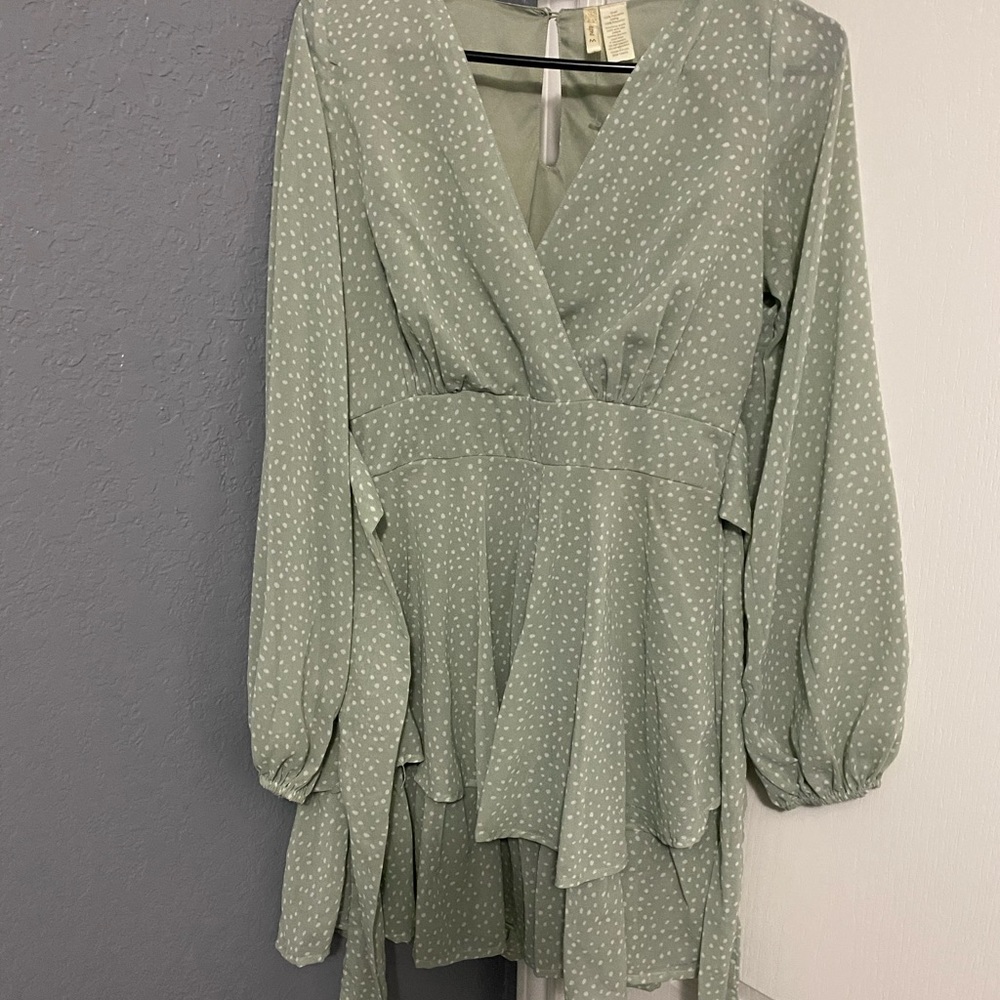 Green polka dot tie front dress